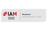 A certificate with a grey background, displaying a score of 1000, awarded to Murgitroyd, recommended firm for 2025, featuring the IAM logo and bold text.