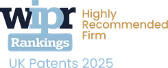 WIPO Rankings logo with "Highly Recommended Firm" and "UK Patents 2025" text in a mix of dark blue, light blue, and gold colours.