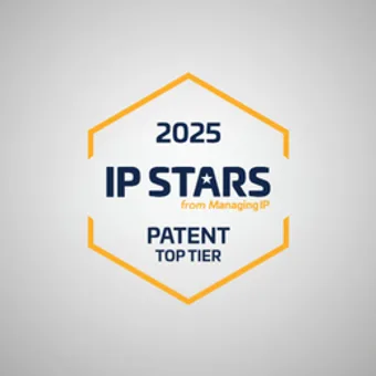 Badge with a hexagon outline featuring the text "2025 IP STARS from Managing IP" and "Patent Top Tier" on a light grey background.