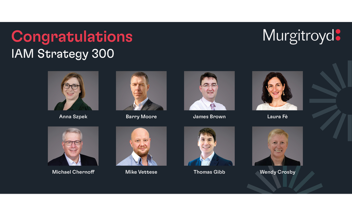 Two rows of four headshots on a dark backdrop, with the text Congratulations IAM Strategy 300 and the Murgitroyd logo.