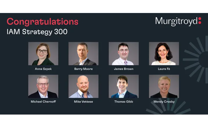 Two rows of four headshots on a dark backdrop, with the text Congratulations IAM Strategy 300 and the Murgitroyd logo.