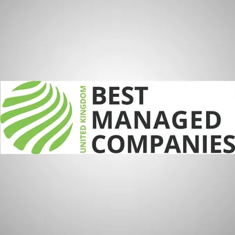 Green and black logo featuring a stylised globe on the left and the text "UNITED KINGDOM BEST MANAGED COMPANIES" on the right, against a grey background.