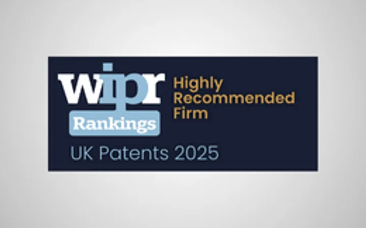A badge indicating a highly recommended law firm ranking for UK patents in 2025 by the WTR.