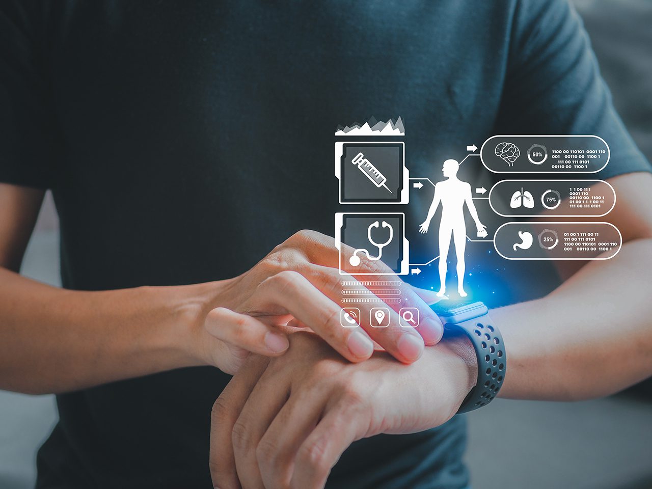 Person wearing a smartwatch with holographic medical icons—syringe, stethoscope, brain, lungs and stomach—surrounding a human figure and data panels.