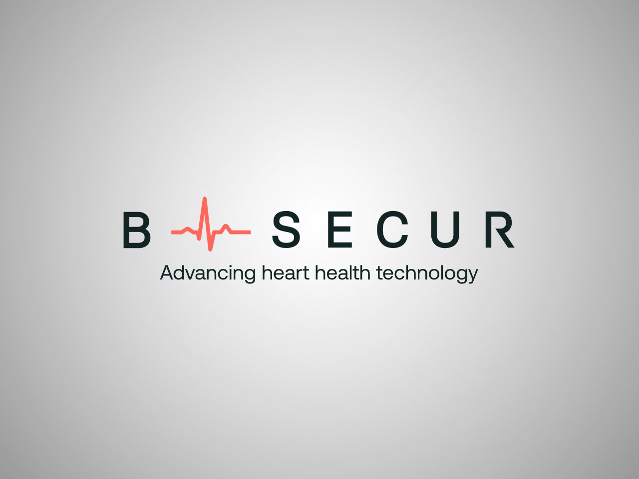 BSECUR logo featuring a red heartbeat waveform between B and S, with 'SECUR' and the tagline 'Advancing heart health technology' on a grey gradient background.