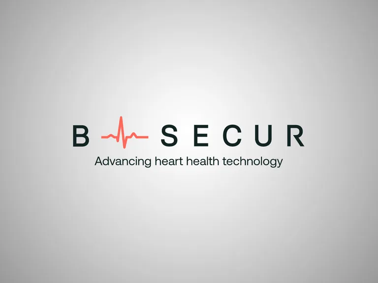 BSECUR logo featuring a red heartbeat waveform between B and S, with 'SECUR' and the tagline 'Advancing heart health technology' on a grey gradient background.