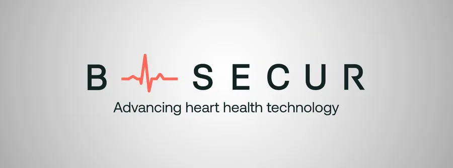 BSECUR logo featuring a red heartbeat waveform between B and S, with 'SECUR' and the tagline 'Advancing heart health technology' on a grey gradient background.
