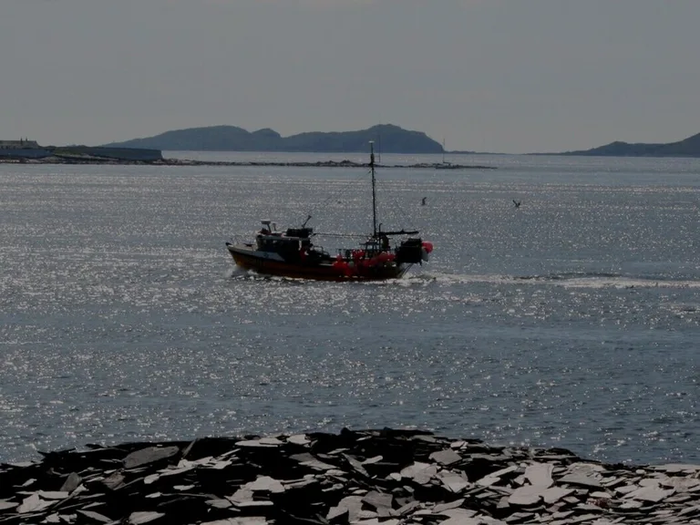 Small red fishing boat with a tall mast on a glittering sea, with a rocky shore in the foreground and distant islands on the horizon.