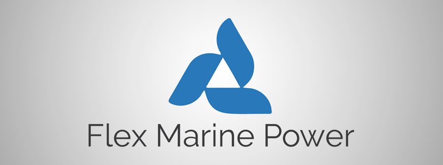 Blue abstract logo with three curved shapes forming a triangle around a white centre, and the words Flex Marine Power in grey beneath on a light gradient background.