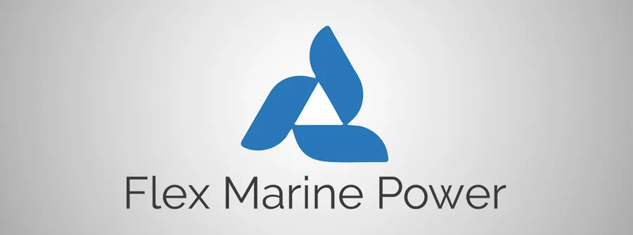 Blue abstract logo with three curved shapes forming a triangle around a white centre, and the words Flex Marine Power in grey beneath on a light gradient background.