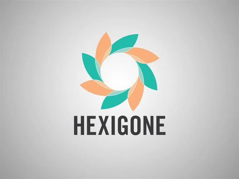 A geometric circular design with teal and peach leaves arranged in a ring above the bold text "HEXIGONE" on a grey background.
