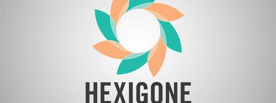 A geometric circular design with teal and peach leaves arranged in a ring above the bold text "HEXIGONE" on a grey background.