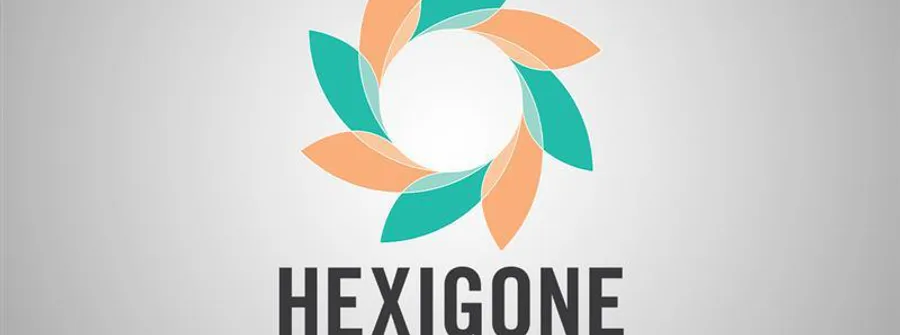 A geometric circular design with teal and peach leaves arranged in a ring above the bold text "HEXIGONE" on a grey background.