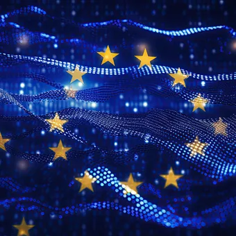 Abstract depiction of yellow stars connected by glowing blue lines against a dark background with scattered light points.