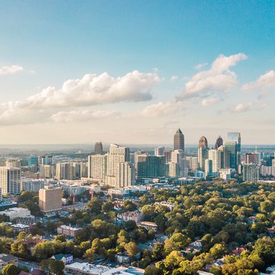 A panoramic view of a city skyline with tall skyscrapers, a mix of modern buildings, and a lush green forest in the foreground under a blue sky.