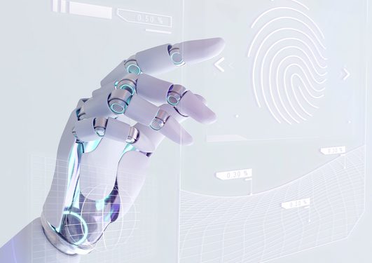 A pale robotic hand reaches forward beside a translucent futuristic interface featuring holographic graphs and a glowing fingerprint outline.