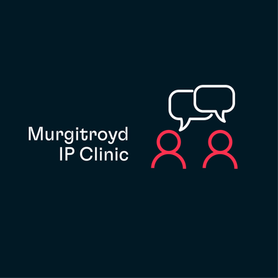 Dark blue background; left: white text “Murgitroyd IP Clinic”. Right: two red outline figures with white speech bubbles above them.