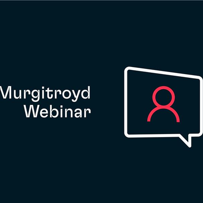 Dark blue background with white text reading Murgitroyd Webinar on the left and a white outlined chat bubble containing a red user icon on the right.