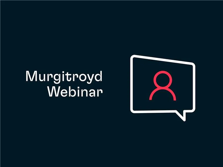 Dark blue background with white text reading Murgitroyd Webinar on the left and a white outlined chat bubble containing a red user icon on the right.