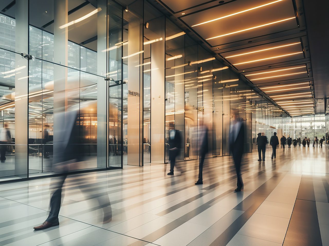 People walking in a modern, glass-walled office lobby with reflections and a high ceiling.