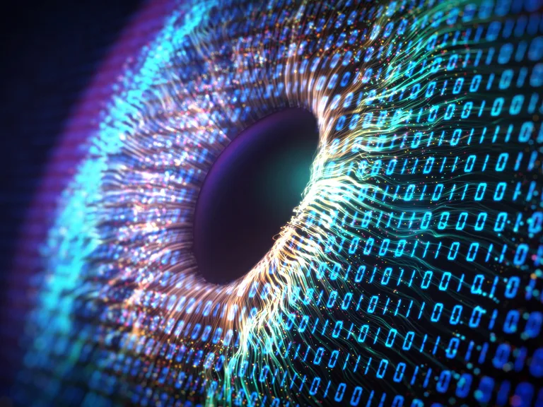 A digital artwork depicting a stylised eye with binary code flowing around it, creating a sense of digital and technological intensity.