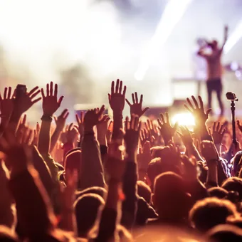 Crowd at an event with raised hands, stage lighting, and a performer in the background creating an energetic atmosphere.