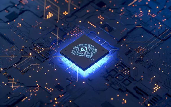 A close-up of a digital circuit board featuring a central AI chip glowing with blue light, surrounded by various electronic components and circuitry.