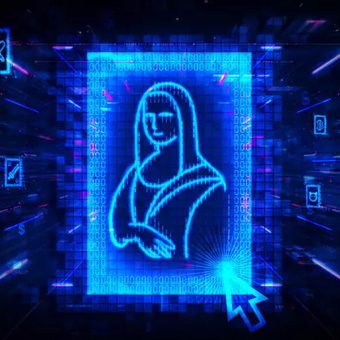 A digital, robotic image of the Mona Lisa surrounded by icons of technology and social media, with neon blue hues and a futuristic theme.