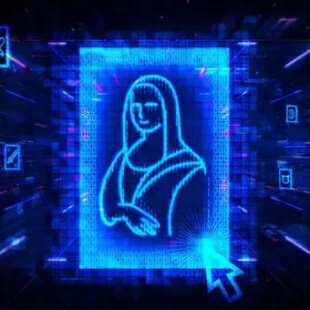 A digital, robotic image of the Mona Lisa surrounded by icons of technology and social media, with neon blue hues and a futuristic theme.