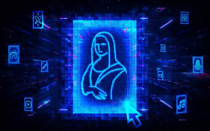 A digital, robotic image of the Mona Lisa surrounded by icons of technology and social media, with neon blue hues and a futuristic theme.