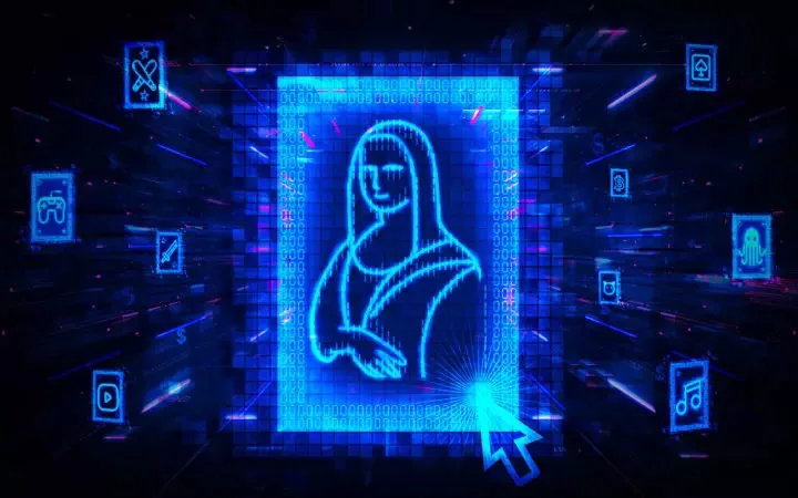 A digital, robotic image of the Mona Lisa surrounded by icons of technology and social media, with neon blue hues and a futuristic theme.