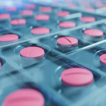 Close-up of pink tablets in blister packs, arranged in rows, with a focus on one tablet in the foreground.