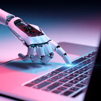 A white robotic hand types on a laptop keyboard, bathed in blue and pink neon light.