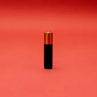 A single AA battery stands upright on a pink textured surface with a solid pink background.
