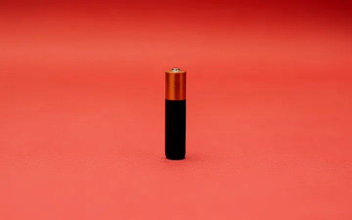 A single AA battery stands upright against a pink textured background, with the top slightly tilted and the gold and black colours visible.