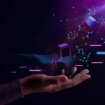 A hand reaches out towards glowing digital quantum structures, including cubes, lines, and network-like shapes, set against a dark background with vibrant purple and blue highlights.