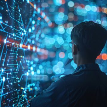 Back view of a person in a dark jacket facing a glowing blue data wall of circuitry and bokeh lights.