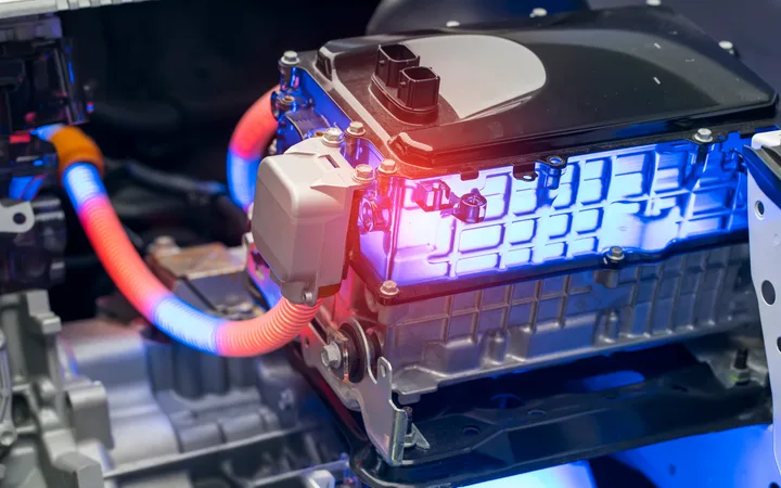 Close-up of an electric car motor with bright blue lighting, orange and blue wiring, and various metal and plastic components in a vehicle interior.