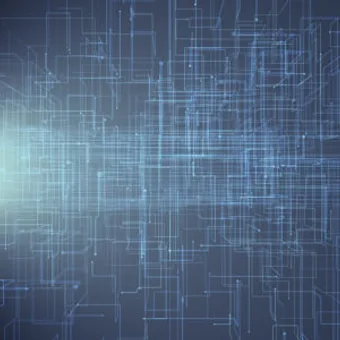 A digital abstract of a computer chip emitting light and connections forming a circuit pattern, representing technology and digital data flow.