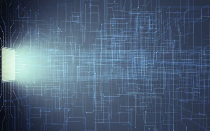 A digital abstract of a computer chip emitting light and connections forming a circuit pattern, representing technology and digital data flow.