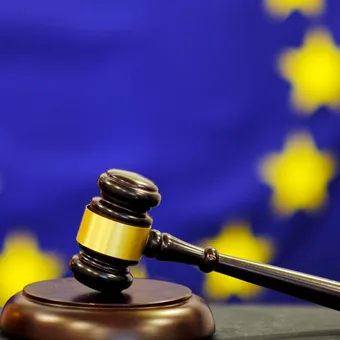A judge's gavel resting on a sound block with a blurred EU flag in the background.