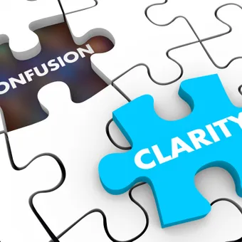 A puzzle with three interconnected pieces labeled "confusion" and "clarity," illustrating the transition from confusion to clarity.