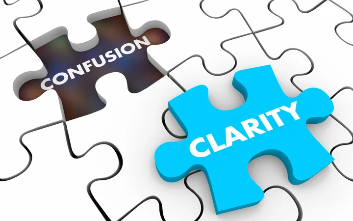 A puzzle with two pieces labeled "CONFUSION" and "CLARITY" fitting together, highlighting the concept of resolving confusion through clarity.