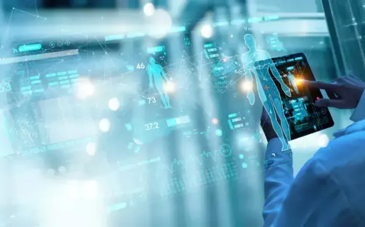 A healthcare professional in a white coat uses a tablet to interact with holographic medical data and futuristic digital health interfaces.
