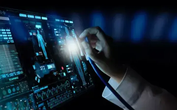 A hand interacts with a digital touchscreen displaying medical data and vital signs in a high-tech environment.