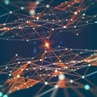 A digital network of interconnected nodes and lines with a glowing central point, representing data exchange or communication in a technological context.