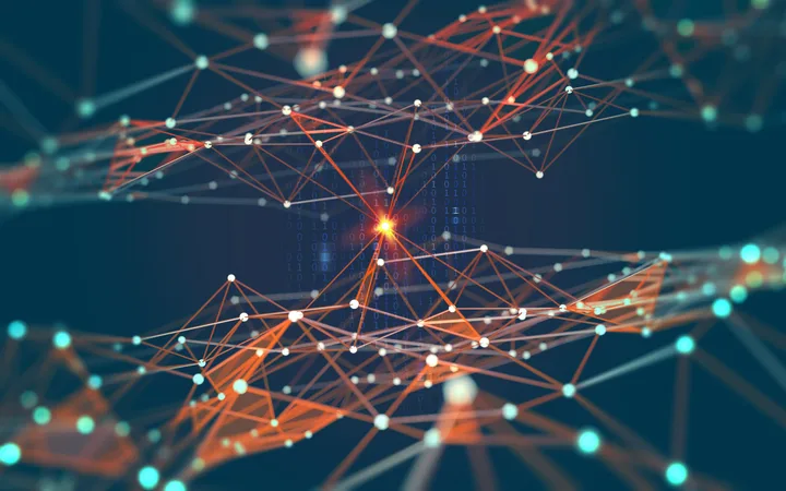 A digital network of interconnected nodes and lines with a glowing central point, representing data exchange or communication in a technological context.