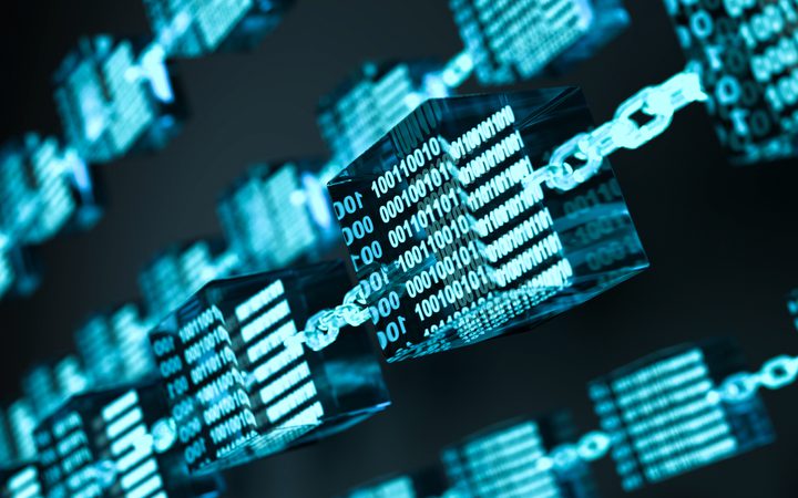 Blue transparent cubes inscribed with binary digits 0s and 1s, linked by a glowing chain, floating in a dark digital backdrop.