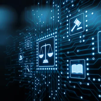 A digital interface with icons representing law, justice, and government, surrounded by interconnected lines on a dark background, with a human hand reaching for it.