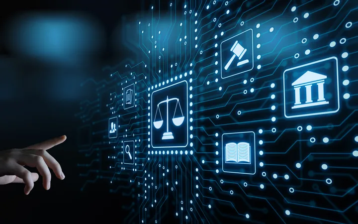 A digital interface with icons representing law, justice, and government, surrounded by interconnected lines on a dark background, with a human hand reaching for it.